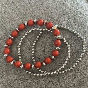 Coral and Silver Beaded Bracelet with Wave Design 3 pc H20